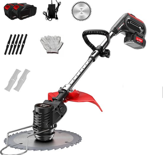 Accugrasmaaier - 2 x accu - Elektrische - Professionele - Grasmaaier - Rood - Verstelbare Snijder - Draadloze - Grasmaaier - Tuin - 100-135cm - Zaagblad - Maaiblad - Grastrimmer van Merkloos	