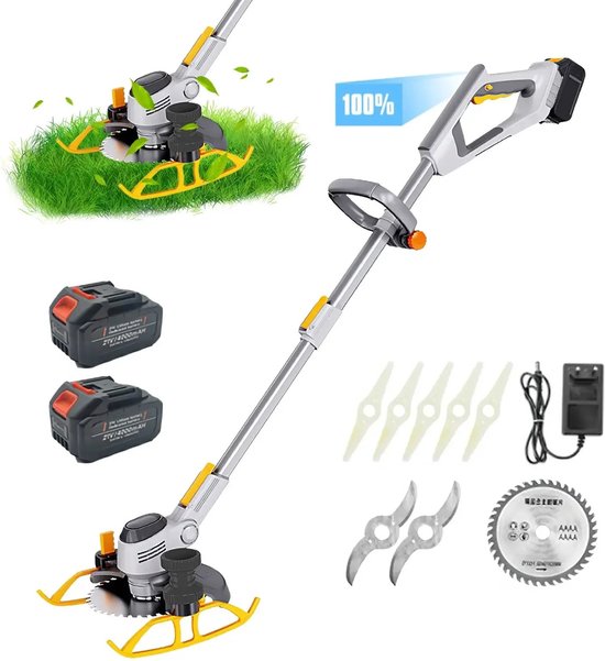 Accugrasmaaier - 2 x accu - Elektrische - Professionele - Grasmaaier - Verstelbare Snijder - Draadloze - Grasmaaier - Tuin - 100-135cm - Zaagblad - Maaiblad - Grastrimmer van Merkloos	