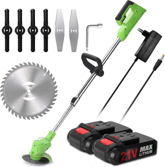 Accugrasmaaier - 2 x accu - Groen - Elektrische - Professionele - Grasmaaier - Verstelbare Snijder - Draadloze - Grasmaaier - Tuin - 100-135cm - Zaagblad - Maaiblad - Grastrimmer van Merkloos	
