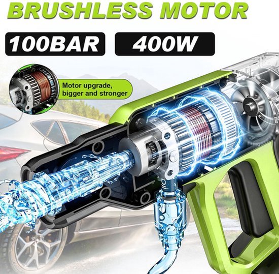 Accuhogedrukreiniger Max 100 Bar - 2x 4,0 Ah Accu - 5-in-1 Sproeier - 5 m Slang - Borstelloze Motor - Voor Auto En Terras