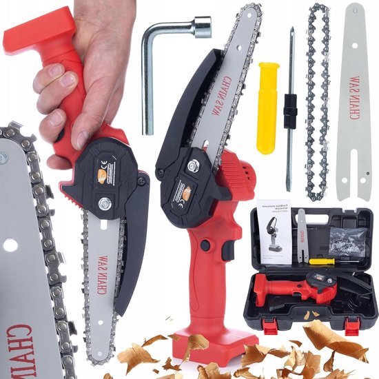 Accukettingzaag - Mini zaag - Houtbewerking Tuin - Krachtig 1200W - 6 inch - Rood