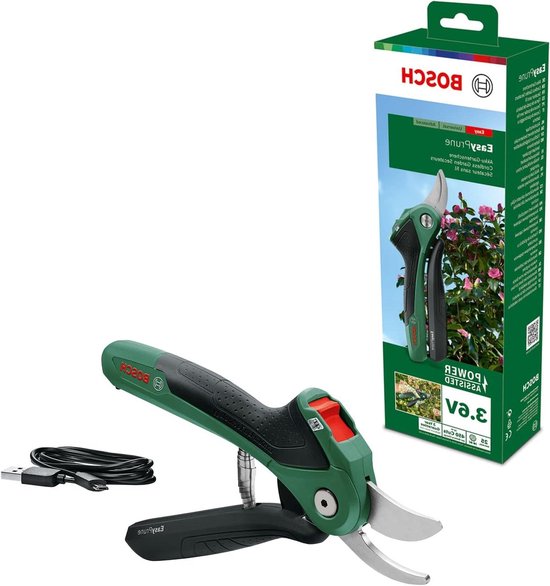 Accutuinschaar EasyPrune - Ingebouwde accu van 36 volt; 450 knipbewegingen per acculading; oplaadbaar met micro-USB-kabel; in kartonnen doos van Bosch