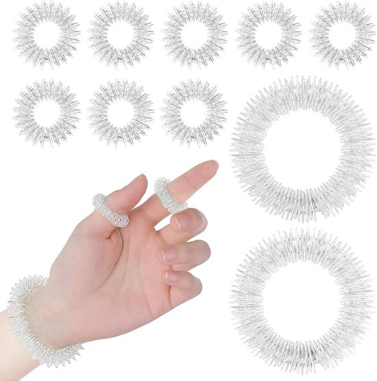 Acupressuurringen - set van 12 zilveren massageringen voor vingers en pols - anti-stress accupressuurringen ter bevordering van de doorbloeding en stressvermindering - arthroroller en sensorische vaardigheden van Merkloos	