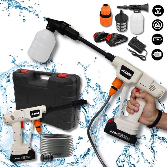 ADM Draadloze Hogedrukreiniger met 2 Accu’s – 21V – Voor Auto, Tuin, Grafsteen, GFT-bak, en Meer – Incl. Koffer & Spuitkop - wit