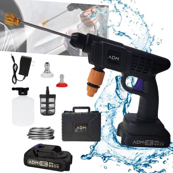 ADM Draadloze Hogedrukreiniger met 2 Accu’s – 21V – Voor Auto, Tuin, Grafsteen, GFT-bak, en Meer – Incl. Koffer & Spuitkop - zwart van Merkloos	