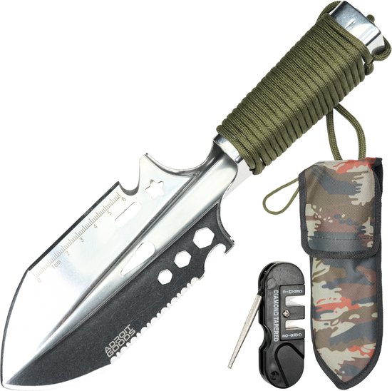 AdroitGoods RVS survivalspade met paracordhandvat, incl. hoes en slijptool - multifunctionele roestvrijstalen survival schep – compacte outdoor tools set voor kamperen, tuinieren, hiking, bushcraft en noodsituaties