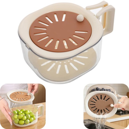 Afdruipmand - Filtermand - Fruitwasmand - Groentewasmend - Met filter - Afneembaar - Met afdruipgaatjes - Inklapbare handgreep - Keukenaccessoires - Geschikt voor keuken, kamperen, buitengebruik (bruin, 15*8,5 cm)