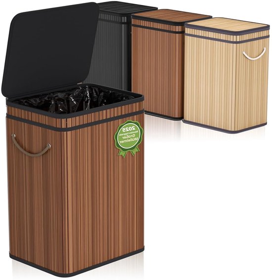 Afvalbak 80 Liter met Deksel van Bamboe voor Buiten, Thuis, Kantoor, Badkamer en Keuken - 40 x 30 x 60 cm (Premium Walnoot)
