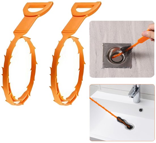 Afvoerreiniger, spiraal, afvoerreiniging, herbruikbare afvoerslang, 50 cm, extra sterk, reinigingshaak voor badkuipen, afvoeren, wastafels en rioolbuizen, 2 stuks (oranje)