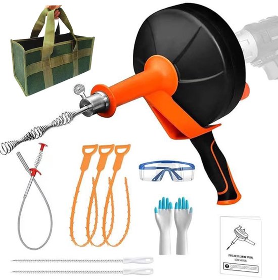afvoerreiniger, spiraal, spiraalafvoer, pijpreiniging met 4 afvoerspiralen, spoelbak, reinigingshaken, bril, handschoenen en opbergtas (13 meter lang)