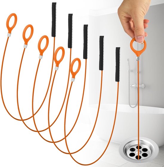Afvoerslang Ontstopper Gereedschap,5 stuks Stalen Ontharingsset voor Afvoeren,Ontstopper voor Afvoeren met Haar,Borstel voor Het Reinigen voor Wastafels,Douches en Afvoeren (82 cm, Oranje)