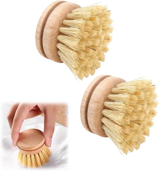 Afwasborstel, 2 stuks afwasborstel Sisal borstelharen, bamboe natuurlijke schrobborstel, vervangende borstels, voor keuken, camping, reiniging of elke pot wassen