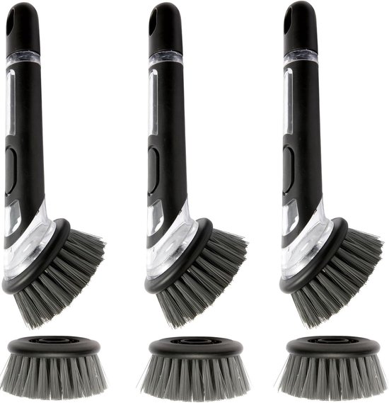 afwasborstel, 3 stuks afwasborstel met afwasmiddeldispenser, keukenborstel voor pot, pan, spoelreiniging, multifunctionele serviesborstel met 3 reserveborstelkoppen, afwasborstels met steel