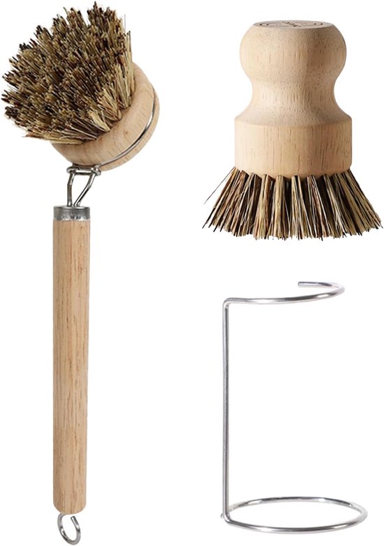 afwasborstel hout met 1 reserveborstelkop en afdruiprek, keukenborstel met lange steel, natuurlijke vezelharen, reinigingsborstel voor het reinigen van potten, pannen, servies, kookplaten, spoelbakken
