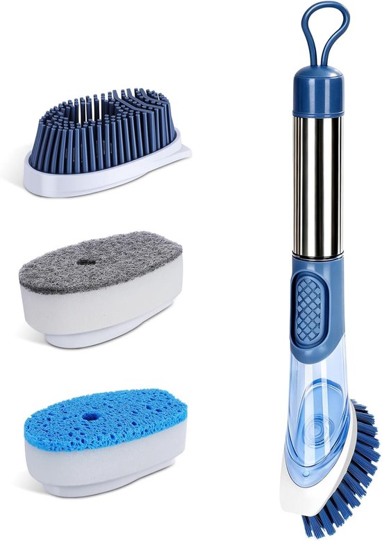 Afwasborstel met afwasmiddeldispenser, keukenborstel met ergonomische lange handgreep, 4 hoogwaardige verwisselbare koppen (nylon, siliconen, spons), afwasborstel voor spoelreiniging, pan