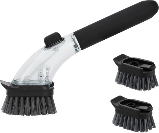 afwasborstel met afwasmiddeldispenser, keukenborstel met lange steel voor potten, pannen, gootsteenreiniging (zwart)