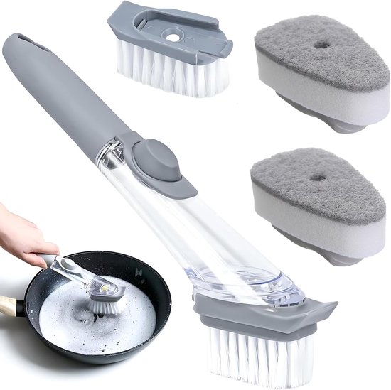Afwasborstel met afwasmiddeldispenser, vulbare afwasborstel met 1 borstelkop en 2 verwisselbare sponskoppen, keukenborstel, afwasborstel, voor pan, gootsteenreiniging