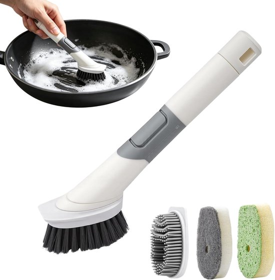 Afwasborstel met afwasmiddeldispenser, vulbare multifunctionele keukenborstel met 4 verwisselbare borstelkoppen (spons, TPR, houtvezels, borstelharen met hoge dichtheid) voor potten, pannen