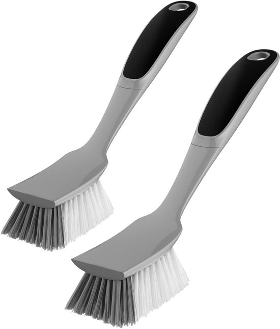 Afwasborstel met antislip handgreep, ingebouwde schraper, schuurborstel voor pannen, potten, spoelreiniging, verpakking van 2 stuks