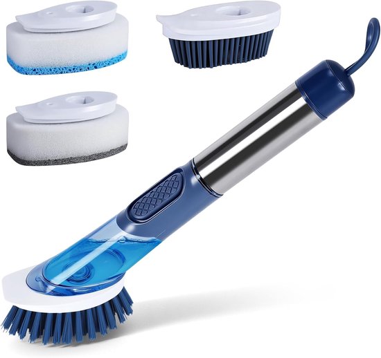 Afwasborstel met dispenser, 27 cm, afwasborstel met lange handgreep, met 4 reservekoppen, duurzaam en duurzaam, voor het reinigen van servies, potten en nog veel meer, blauw