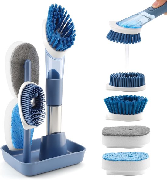 Afwasborstel met Zeepdispenser, Schoonmaakborstel Set met 4 Borstelkoppen voor Pannen, Potten, Spoelbak, Keukenborstel 28,5 cm met Houder, Blauw