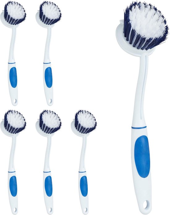 afwasborstel, set van 6, middelhard, handgreep met rubber, kunststof, schoonmaakborstel ophangen, wit-blauw