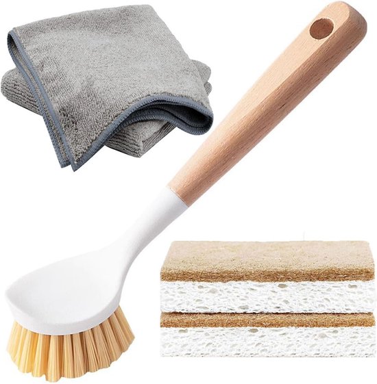 Afwasborstel voor keuken, 5 stuks, bevat afwasborstels van hout, sisalharen, composteerbare spons, microvezeldoek, voor het schrobben van gootsteen, potten, pannen