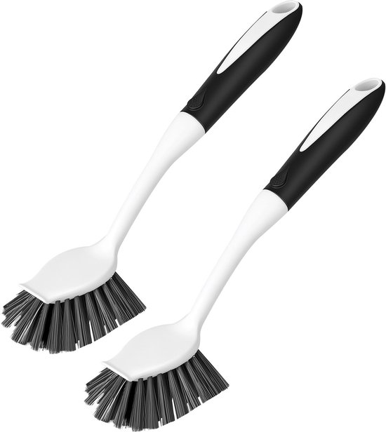 Afwasborstel,2 stuks Duurzame Borstel Keukenborstel, Antislip Handgreep met Schraper, voor Keuken, Badkamer, Tegels en Pannen met Ergonomische Grip,Zwart