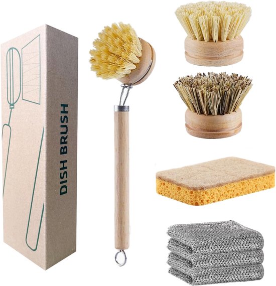 Afwasborstels Voor Houten Afwasborstel, 1 Handvat met 3 stks Vervanging Hoofden, 1 Spons en 3 stks Vaatdoek, Natuurlijke Sisal Vezelharen