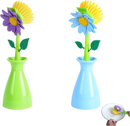 Afwasborstelset in bloemenvorm, met handvat en standaard, zacht voor pannen met antiaanbaklaag, potten en wastafels (groen-blauw-combi)