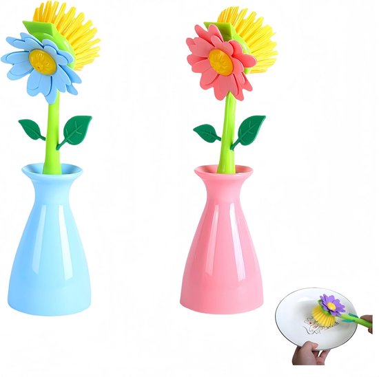 Afwasborstelset in bloemenvorm, met handvat en standaard, zacht voor pannen met antiaanbaklaag, potten en wastafels (roze-blauwe combi)