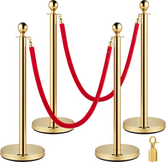 Afzetpalen Voor Menigtecontrole - Afzetpaaltjes Crowd Control Stanchion Barrières - RVS Bolders - Goud Staanders - Fluwelen Touwen - 4 Stuks - 1,5 m - Rood van Funtzio