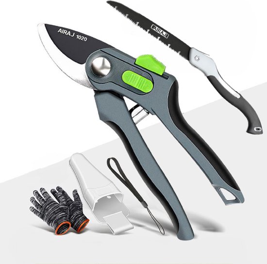 Airaj Snoeischaar incl. takkenzaag - Bloemenschaar - Takkenschaar - Tuinschaar - Max. Ø 35mm - Zilver - Handschoenen + opbergdoos + draagkoord van AIRAJ