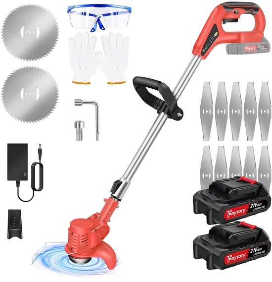 Aiverig® Accu kantenmaaier 21V – Draadloze grastrimmer & bosmaaier – Borstelloze motor 17.000 RPM – 4-in-1 (10 staalmessen + 2 zaagbladen) – Incl. 2 × 1500 mAh accu, snellader, handschoenen & veiligheidsbril – Telescopisch & verstelbaar – 2,2 kg van Aiverig