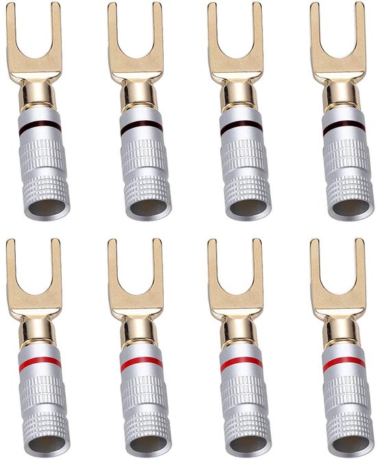 Allecta - 8 stuks 24K gouden Y-stekker schroef spade aansluiting voor luidsprekerkabel DIY, corrosiebestendig, zwart en rood, 45 graden. van Allecta