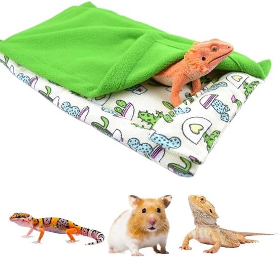 Allecta - Hangmat en Slaapzakset voor Kleine Huisdieren - Zacht en Warm - Bebaarde Draak - Hagedis - Luipaard Gecko - Beige en Groen Quilt van Allecta