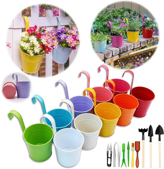 Allecta - Kleurrijke metalen hangende bloempotten set van 10 stuks voor balkon en tuin met tuingereedschap - 26x13.5x9.5 cm van Merkloos	