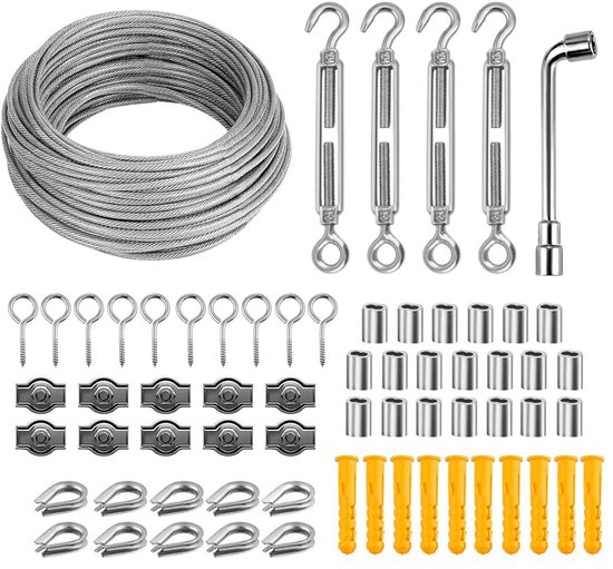 Allecta - Roestvrij stalen kabel 3 mm, 30 m met kabelspanner en kabelklem - Voor tuinieren en doe-het-zelven van Merkloos	