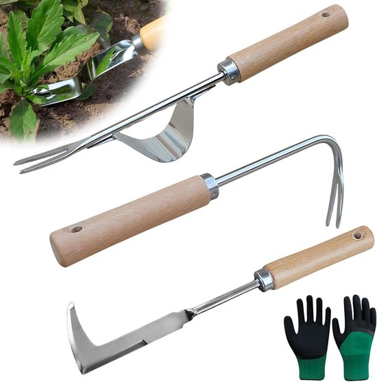 Allecta - Set van 3 handvorken voor tuinieren en wortelwieden met houten handvat van roestvrij staal. van Merkloos	