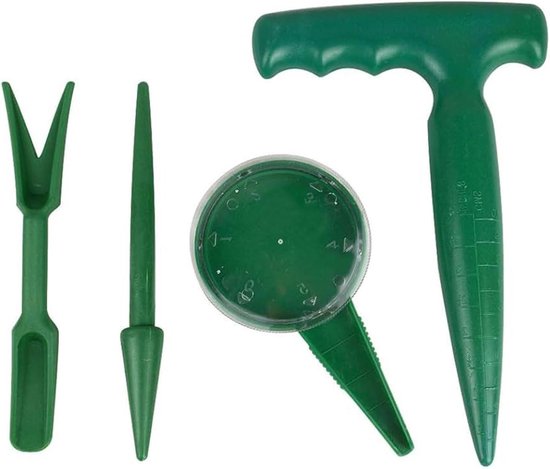 Allecto Plus - 4-delige set tuingereedschap voor planten - Kunststof zaaddispenser, transplanter en plantenboor - Groen - Voor het vermeerderen van planten