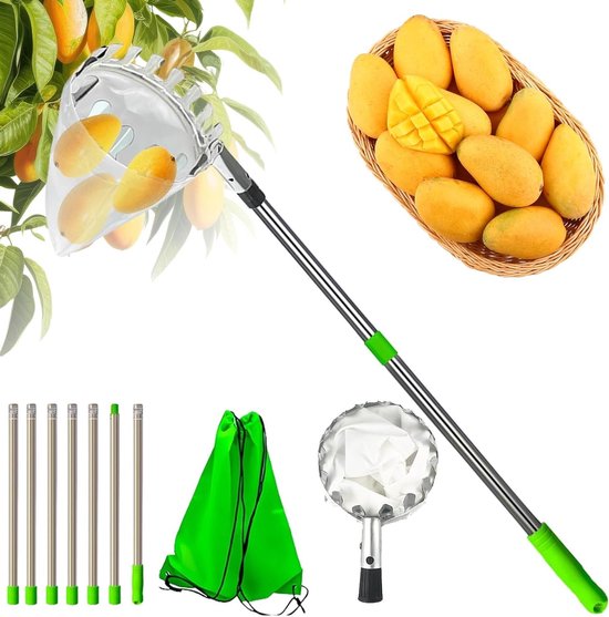 Allecto Plus - Fruitplukker voor fruitbomen - Diameter 16 cm - Telescopische steel van 28 m - Katoenen zak - Geschikt voor appel- en kersenpluk - Handig gereedschap voor moeilijk bereikbare fruitbomen.