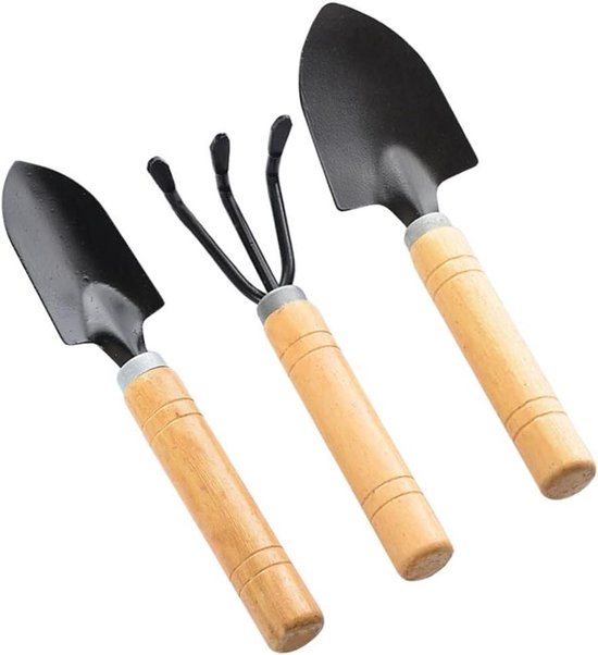 Allecto Plus - Mini tuingereedschap set met houten handvat, 3 stuks - Spade, klauw, hark