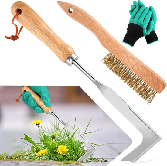 Allecto Plus - Onkruidverdelger met handschoenen voor tuinieren en tegelborstel met houten handgreep. Ideale tuingereedschappen voor terrassen.