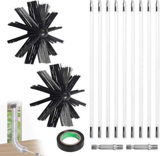 Allecto Plus - Schoorsteenborstelset met 36 m lengte en diameter 150 mm | Nylon kachelpijpborstel met 9 flexibele staven | Geschikt voor accuschroevendraaier | Reiniging van schoorstenen.