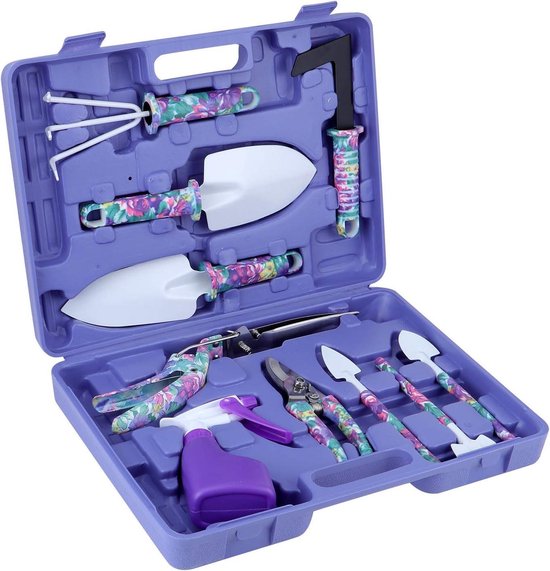Allecto Plus - Set van 10 stuks tuingereedschap met paarse bloemenprint - Ergonomische handgreep - Schop - Spade - Harkje - Schepje - Snoeischaar - Plantenspuit - Draagtas - Tuingeschenken