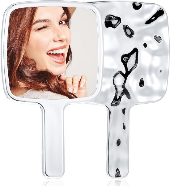 Allecto Plus - Set van 2 handspiegels met handvat voor make-up en tuin - Zilverkleurig - Enkelzijdig normaal - Ideaal voor vrouwen en mannen - Handheld formaat - Handig voor onderweg - 16,9 x 9,8 cm