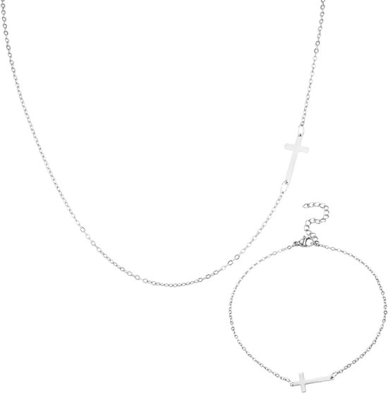 Allecto Plus - Sierlijke Kruisketting en Armbandset voor Vrouwen - Trendy Geloofssieraden - Chokerketting - Minimalistisch Religieus Cadeau - Vrouwen - Kruischarmeketting van Allecto Plus