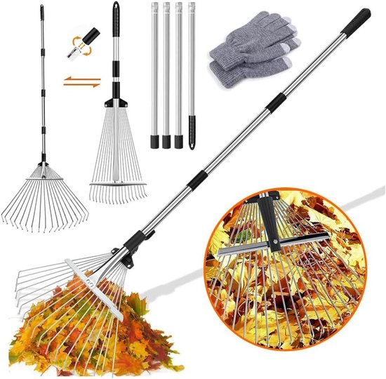 Allecto plus - Verbrede bladhark 22-44 cm met verstelbare stang en handschoenen - Gazonhark voor planten en erf reiniging