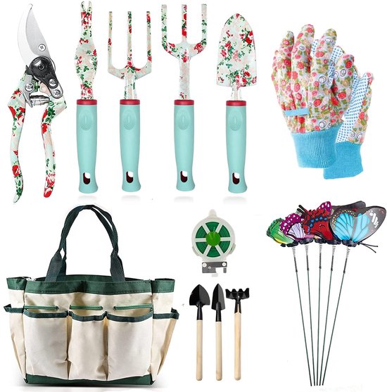 Allecto - Tuingereedschapset - 16-delige tuingereedschapset - Ergonomisch en robuust - Groen - Tuinieren - Voor dames en heren - Met opbergtas