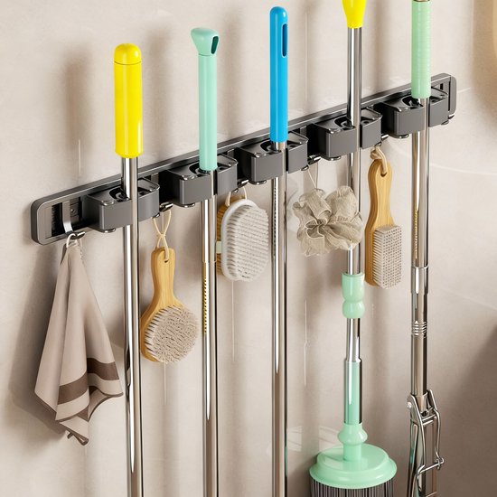 Alles-in-één Bezemhouder, Wandgemonteerde bezem - Bezem Ophangsysteem: 6 Haken 5 Klemmen, Robuuste RVS Houder voor Bezems, Gereedschap en Meer, Geschikt voor balkons, badkamers en toiletten van T-LoVendo